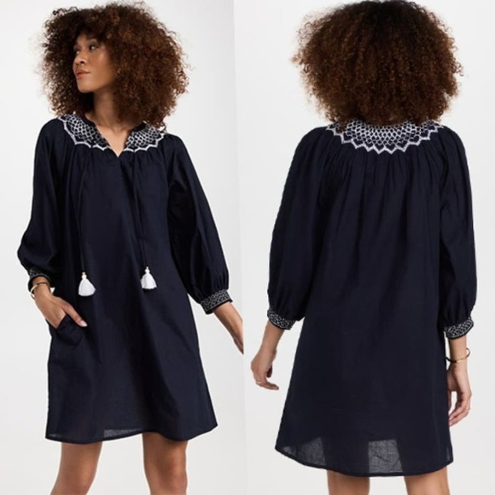 NWT Figue Charlie Split Neck Relaxed Fit Half Sleeve Midnight Navy Mini Dress